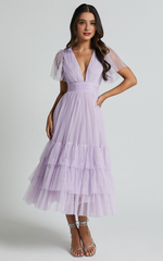Jiraye Lilac Midi Dress – Tulle Flutter Sleeve V-Neck A-Line Elegance
