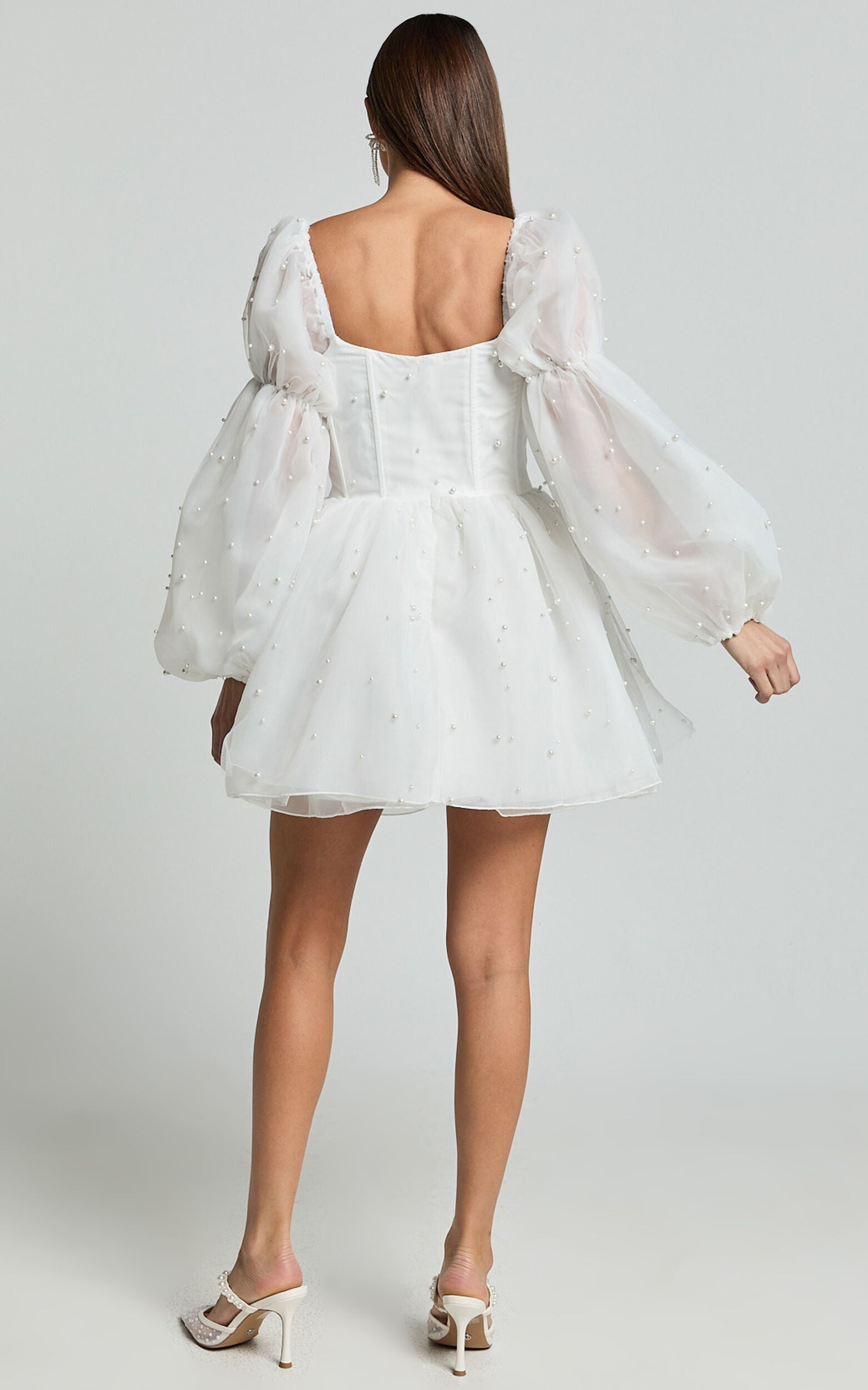 Long Puff Sleeve Pearl Detail Mini Dress in White