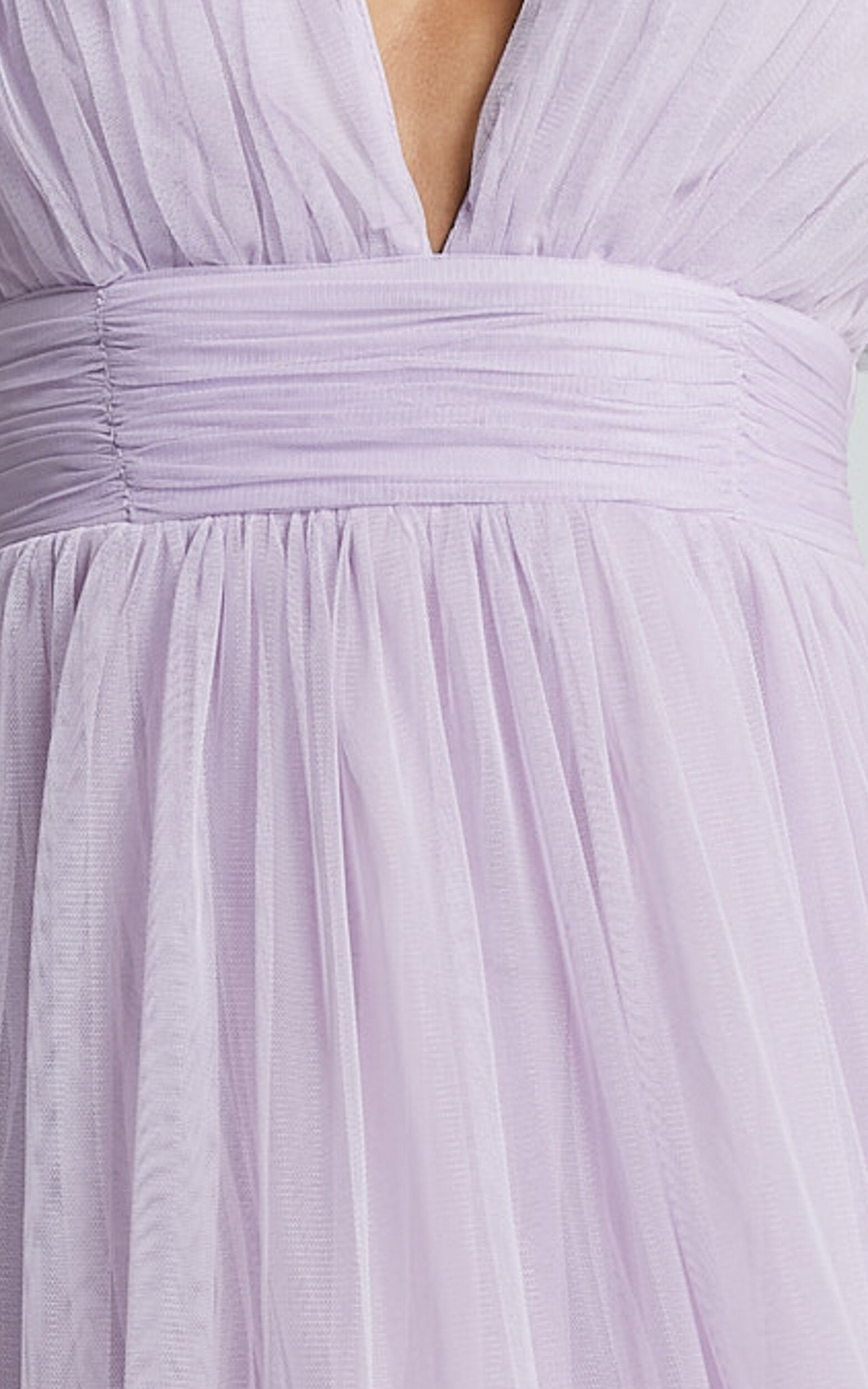 Jiraye Lilac Midi Dress – Tulle Flutter Sleeve V-Neck A-Line Elegance