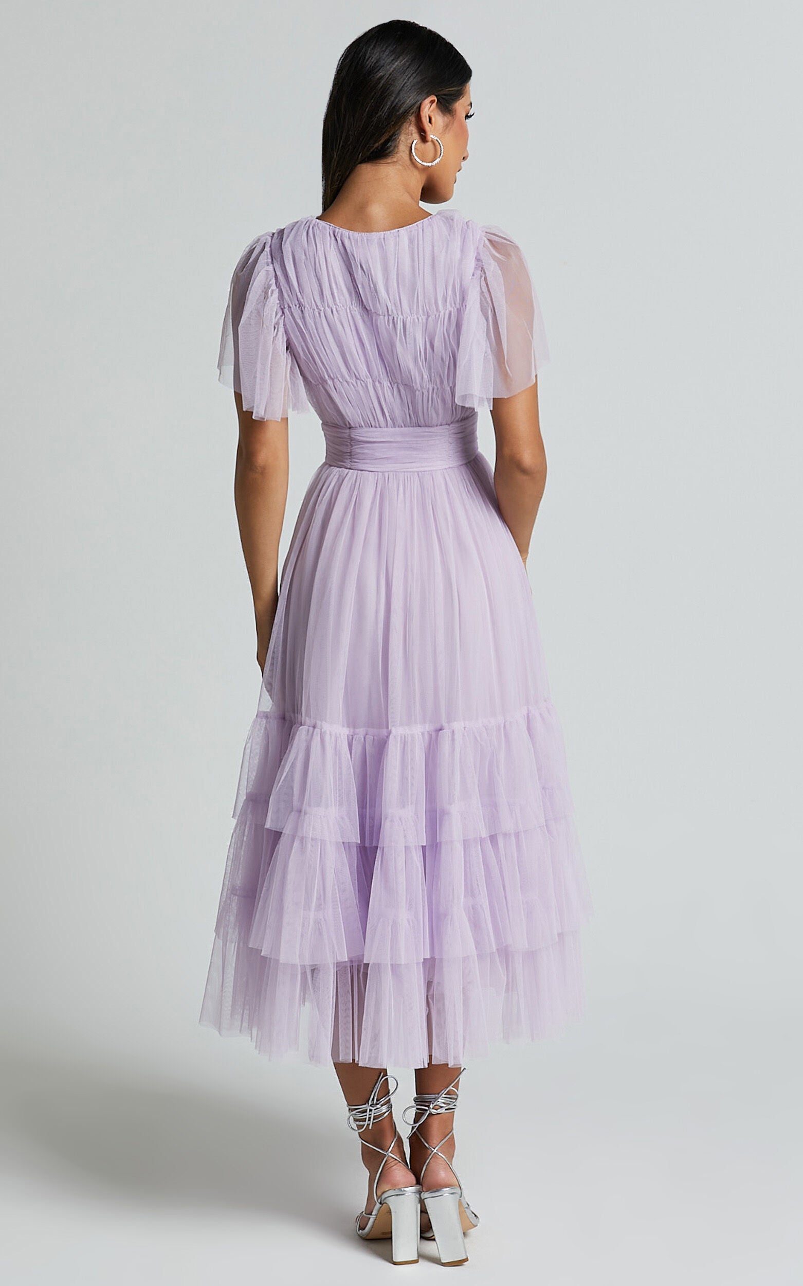Jiraye Lilac Midi Dress – Tulle Flutter Sleeve V-Neck A-Line Elegance