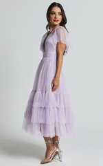 Jiraye Lilac Midi Dress – Tulle Flutter Sleeve V-Neck A-Line Elegance