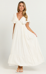 Lyrad Midi Dress – White Linen-Feel Empire Waist Textured Dress