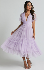 Jiraye Lilac Midi Dress – Tulle Flutter Sleeve V-Neck A-Line Elegance