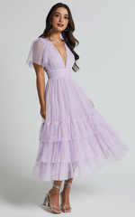 Jiraye Lilac Midi Dress – Tulle Flutter Sleeve V-Neck A-Line Elegance